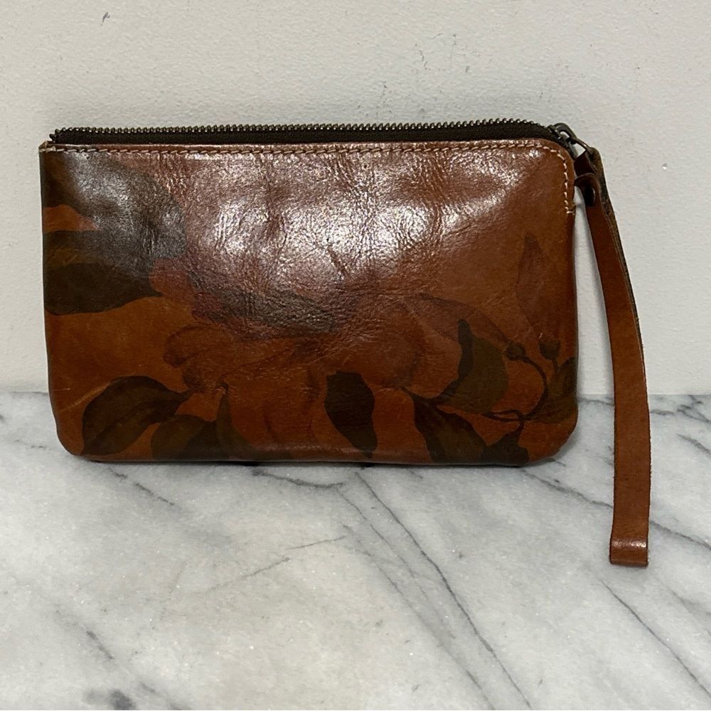 Patricia Nash Brown Leather Wristlet with Floral Design
